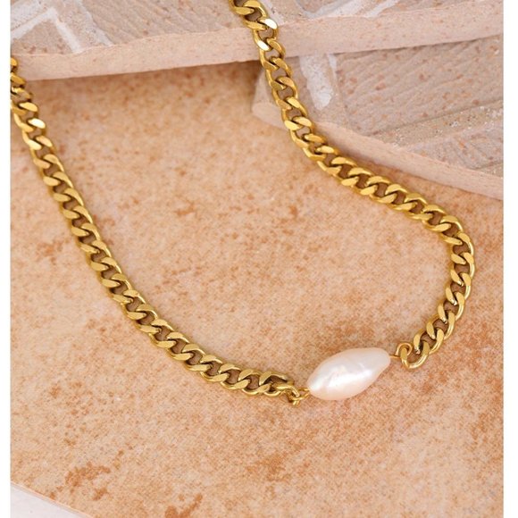 New 18K Gold Plated Natural Pearl Link Chain Necklace - Picture 6 of 8